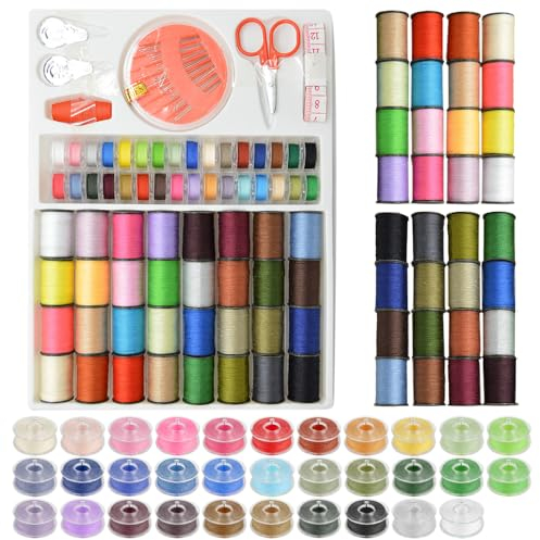 Casenly 64 Stück Nähgarn Sortiment Set mit 45 Unterfadenspulen, Nähgarn Set für Nähmaschine mit Nähnadel, Fingerhut, Nadeleinfädler und Nahttrenner, Nähmaschinengarn für Polyester Maschinen Stickgarn