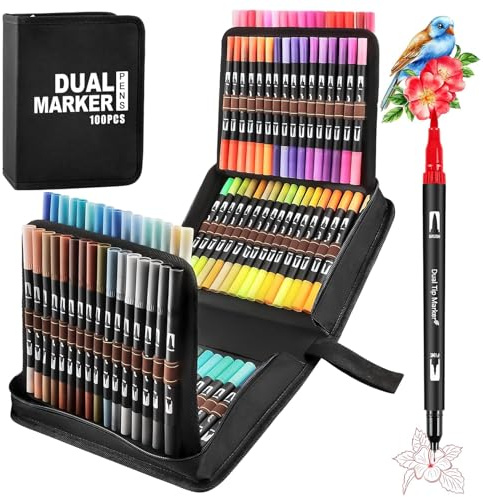 Funnasting Pennarelli Brush Pen Lettering, 100 Colori Pennarelli Doppia Punta Fine e Grossa Pennello per Adulti Bambini Acquerello Set per Colorare, Bullet Journal, Mandala