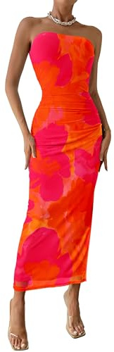 PRETTYGARDEN Women's Summer Maxi Bodycon Dresses Strapless Tube Top Printed Long Party Club Slit Dress (Orange Red Big Floral,Small)