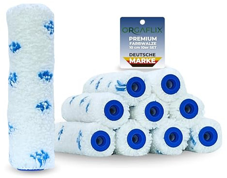 ORGAFLIX Premium Farbwalze 10cm - 10 Stück, Perfekte Farbaufnahme und Abgabe, Kern 17mm, Florhöhe 8mm - Farbroller klein, Malerrolle klein, Malerwalze, Maler-Zubehör, Maler-Set