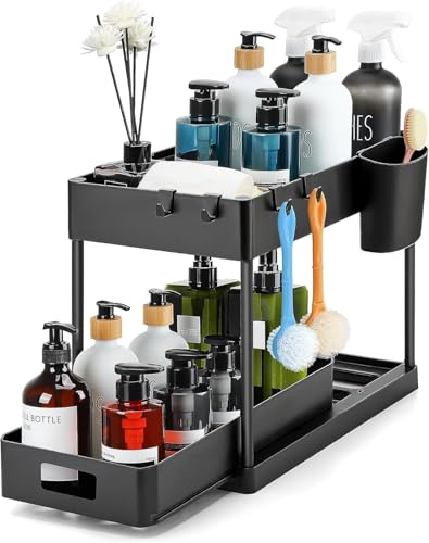 JUPPLIES Organizador Bajo Fregadero 2 Niveles - Organizador Cocina Extraíble Estante Almacenamiento con 2 Cestas Colgantes y 4 Ganchos - Cocina, Baño y Hogar - Negro - 1 Unidad