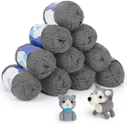 Coopay Lot de 10 pelotes de fil à crochet de 50 g chacun, douces, pour débutants et enfants, en coton pour bébé pour projet de crochet et de tricot, gris