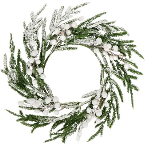 Artificial Snowy Norfolk Pine Wreath with White Berries - 40cm Flocked Christmas Wreath for Front Door Decor