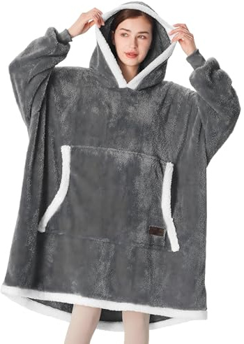 Oversized Hoodie Blanket, Warm Gifts for Women Men, Fluffy Sherpa Lining Wearable Hooded Sweatshirt Blanket, Giant Hoodies Sweater with Front Pocket for Adults Couple Friends, Grey