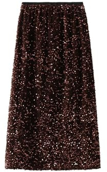 FM2018XSL Gonna con Paillettes Donna Gonna Aderente Lunga Glitterata con Spacco Gonne Midi Elastico in Vita Alta per Festa Club (IT, Testo, Taglia Unica, Regular, Regular, caffè)
