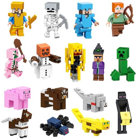 VOHESEA 16 Stück Mini Figuren Miner Gamer Tortenfiguren Set Mine Craft Figuren Toys Set Cupcake Deko Videospiel Figur Geschenk für Kinder Junge Mädchen und Spielfans