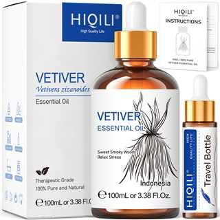 HIQILI 100ml Vetiver Ätherisches Öl, 100% Naturrein Vetiver Öl für Diffuser, Haare, Gesicht, Inklusive Reiseflasche