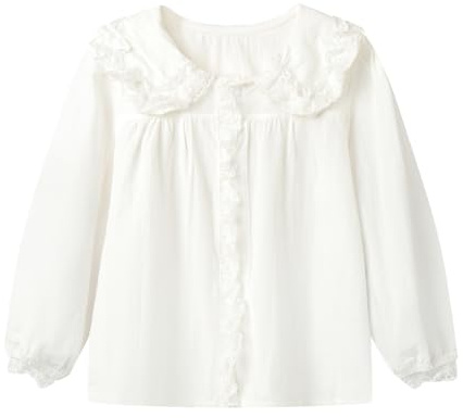 Mud Kingdom Camicia da bambina con colletto alla Peter Pan e pizzo a maniche lunghe uniforme scolastica in cotone, bianco, 6 anni
