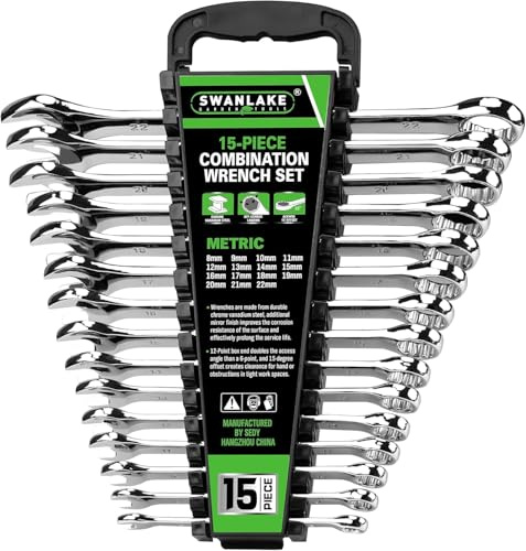 SWANLAKE GARDEN TOOLS 15-Piece Metric Spanner Sets, V Notch Premium Combination Spanner Set Metric 8-22mm, Max Torque, 12-Point, Chrome Vanadium Steel, with Storage Rack