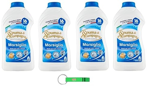 4x Spuma Di Sciampagna Waschmittel Marseille-Duft - Klassisches Flüssigwaschmittel mit konzentrierter Formel ideal für alle Stoffe 16 Wäschen 800ml + Beni Culinari Kostenloser Schlüsselanhänger