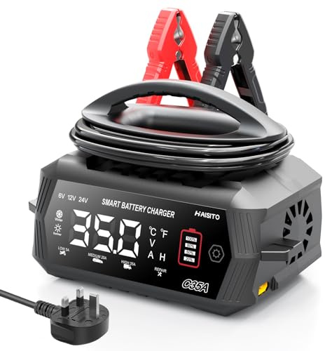 Haisito C35A laddare för bilbatterier, 6 V/12 V/24 V bilbatteriladdare, batteriladdare för bil, motorcykel, gräsklippare, båt, litium, LiFePO4 och blysyra (AGM, Gel, MF, EFB, SLA, VRLA.