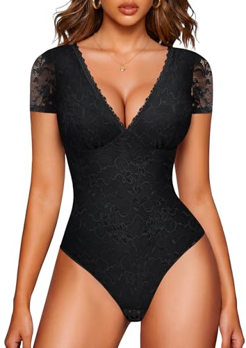 LODAY Lace Bodysuit Short Sleeve Bodysuit for Women Deep V Neck Body Suits Double Lined Bodysuit Slim Fit （Medium,Black