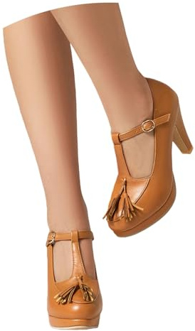LDXEQIZ Pumps retrò con Frange Sandali Mary Jane da Donna con Cinturino alla Caviglia Tacchi Alti Antiscivolo con Plateau Scarpe da Ballo con Tacco Largo 9 Cm for Feste, Matrimoni, Balli(Brown,42 EU)