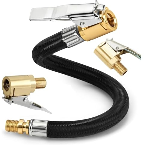3-Piece Tyre Inflator Adaptor Set – Quick Release Brass Tyre Inflator Connector Kit - 2PCS 8mm Brass Tyre Valve Air Pump Clip and 1PCS 30cm Tyres Pump Hose for Bicycle Pump, Motorcycle & Car Tyre
