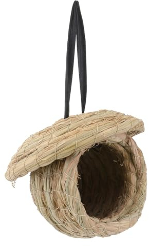HEMOTON Nido de Paja Natural para Aves Pequeñas, Tejido a Mano, Tamaño Pequeño 19x19x14 Cm, Accesorio para Jaulas de Periquitos y Cotorras, Cuerda de Color Aleatorio, Refugio Cálido