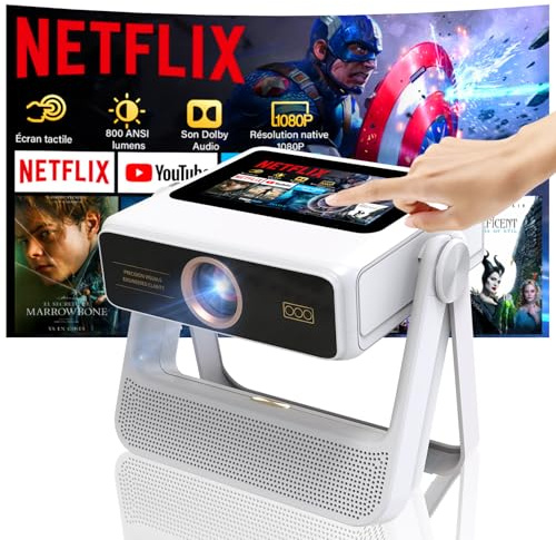 Proyector Portátil 4K con Pantalla Táctil Inteligente, Mini Proyector 1100 ANSI para Exterior, Enfoque Automático y Corrección Trapezoidal, WiFi 6 Bluetooth HDR10+, 1000+ Apps, Cine en Casa