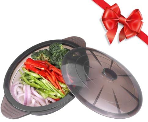 Microwave Steamer Cooker Collapsible Bowl Silicone Baked Potato Cookware with Handle Lid for Vegetables Fish Prep Meal Food with Removable Rack BPA Free Easy to Store Freezer Dishwasher Safe Black