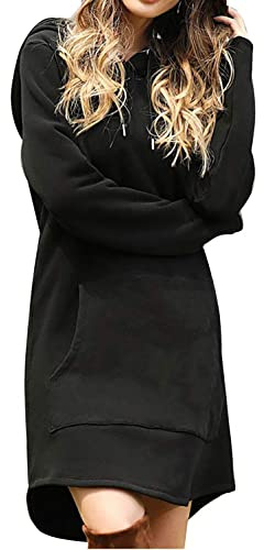 Osheoiso Robe Pull Femme Sweat à Capuche Manches Longues et Col Rond avec Cordon Haut Robe Pullover Ample Courte avec Poches Casual Hoodie Robe Genou Couleur Unie Grande Taille