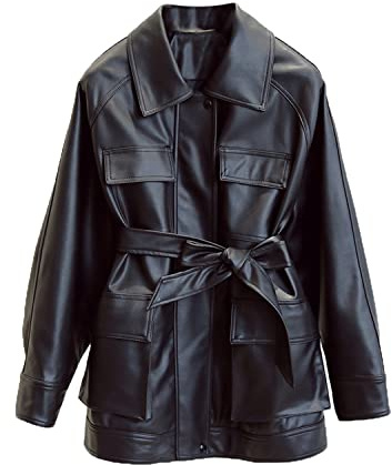 LY VAREY LIN Women Faux Leather Belted Shirt Jacket Lapel Blazer Coat with Bust Pocket