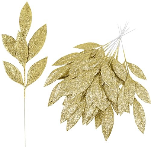 VEYLIN Christmas Glitter Bay Leaf, 12Pcs Artificial Christmas Tree Picks Sprays for Christmas Tree Wreath Floral Wedding Bouquet Decoration(Gold)