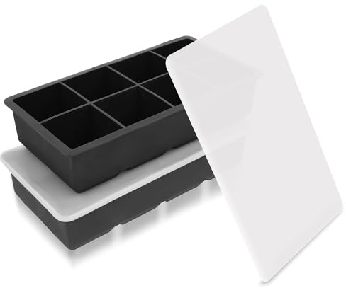 YHT 2 Pack Extra Large Ice Cube Tray Molds with Lids,16 Cubes Black Reusable Silicone Square Ice Cube Maker Moulds for Whiskey,Cocktails,Drinks(Black)