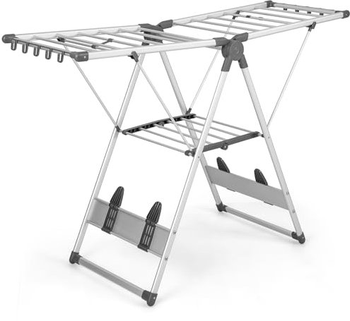 GOPLUS Séchoir à Linge à 2 Niveaux, Étendoir à Linge Pliable en Aluminium avec Ailes Réglables en Hauteur, 21 Rails de Séchage, 10 Pinces, 4 Supports à Chaussures, pour Intérieur, Extérieur
