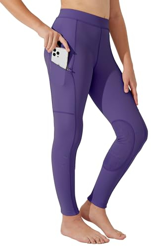 WILLIT Kinder Reithose Mädchen Reitleggings Kniebesatz Jugend Reiten Hosen Sommer Atmungsaktives elastisch mit Taschen Lila M