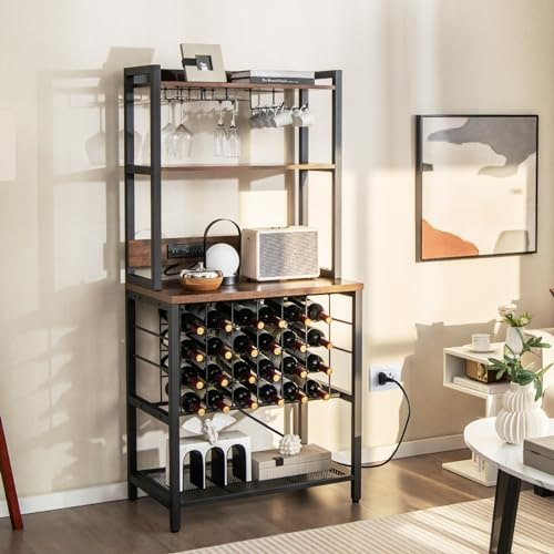 GIANTEX Estantería de Cocina con Enchufes y Conexiones USB, Armario de Vino con Soporte para 24 Botellas y 9 Vasos, 4 Estantes de Almacenaje, para Comedor, Cocina, Salón