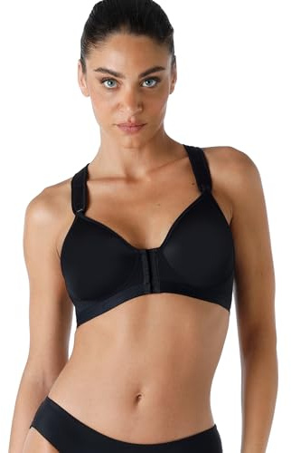 Lovable Reggiseno Sportivo Alto Impatto in Microfibra Tecnica | Allacciatura Frontale | Cotone Interno | Supporto con T-Back | Active Comfort Donna, Nero, 36 / 4D