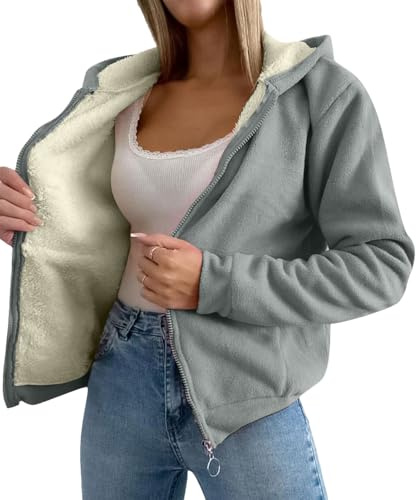 amropi Mujer Chaqueta Felpa con Capucha Sudadera Invierno Cálido Abrigo Forro Polar Casual Hoodies Gris Claro,L