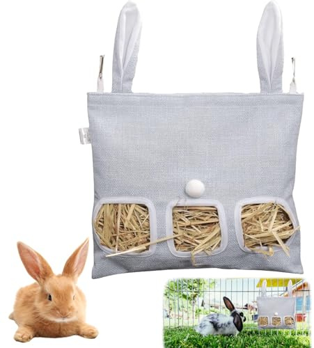 Rabbit Hay Feeder, 28 * 33cm Guinea Pig Hay Feeder with Storage Bag for Rabbits and Guinea Pigs Three Opening Design Durable and Convenient Rabbit Hay Rack for Small Pets Feeding Supplies