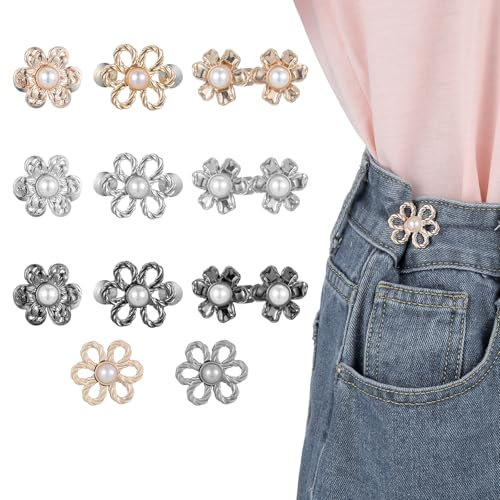 11 Sets Jean Pins for Loose Jeans,Buttons for Jeans,Adjustable Pant Waist Tightener,No Sew and No Tools Instant Jean Button Pins,Flower Button Pant Waist Tightener for Skirts, Sleeves Christmas Decor