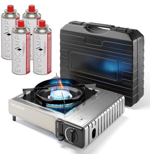 Hornillo de gas de 1 llama, cocina camping portátil con encendido piezoeléctrico, maletín y 4 cartuchos de gas de 227g, uso interior y exterior, 2,2 kW de potencia