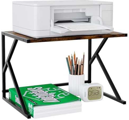 EasyPAG Metal Wood Desktop Printer Stand,Office Storage Shelves for Printer & Fax,Desk Organiser for Home,Brown