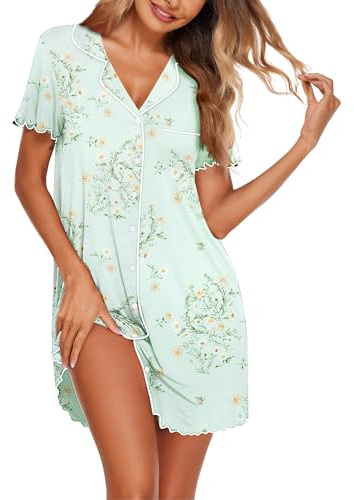 Ekouaer Nightgowns for Women Button Down Sleep Shirt Short Sleeve NightShirts Boyfriend Sleepdress Soft Pajama Dress,Green Floral,Large