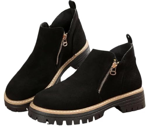 Stivaletti da donna con punta tonda, con cerniera laterale, tacco grosso, comodi, casual, in pelle scamosciata, stivaletti da passeggio, Nero , 44 EU