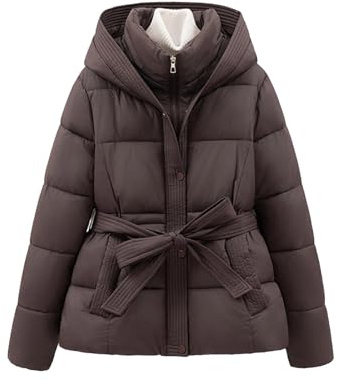 TURWXGSO Winter Coats for Women UK Thermal Lightweight Quilted Padded Jackets Zip Up Long Sleeve Hooded Puffer Jacket with Belt Thickened Warm Cotton Waterproof Outerwear with Pocket
