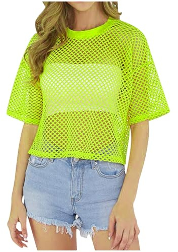 Top a rete da donna, maglietta sexy in rete, a maniche corte, per il tempo libero, maglietta a rete con scollo rotondo, per Carnevale, feste, abbigliamento da discoteca
