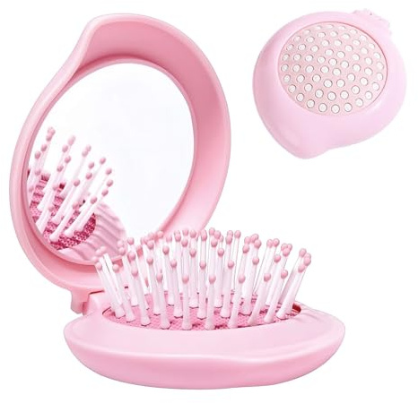 Muorruo Brosse à cheveux de voyage avec miroir pour sac à main/sac à dos, brosse à cheveux pliable et mignon ensemble de miroir portatif, mini brosses pliantes, cadeaux pour filles (Rose)