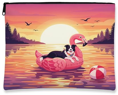 Funny Border Collie Dog Makeup Bag, Flamingos Lifebuoys Sea Cosmetic Travel Pouch for Women, Gifts for Girls, Pet Portable Small Canvas Zipper Organizer 7x9 Inch