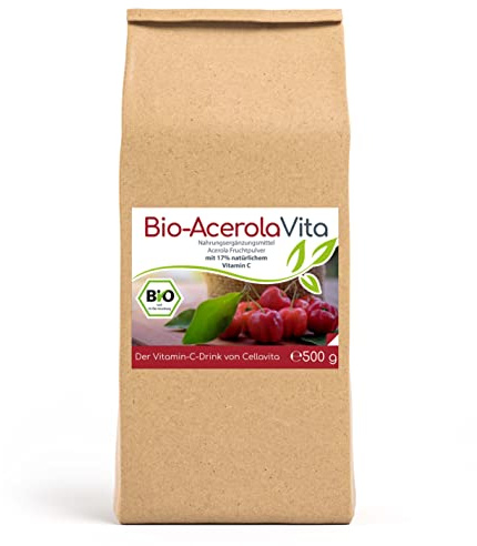Cellavita – Bio Acerola Pulver Vita (Der Vitamin-C-Drink) 500g im Vorratsbeutel - Natürliches Acerola-Fruchtpulver – Zusatz für Getränke & Smoothies – Nahrungsergänzungsmittel zusatzstofffrei