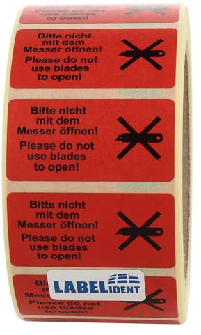 Warnetiketten 50,8 x 25,4 mm - Paket Aufkleber Bitte nicht mit dem Messer öffnen/Please do not use blades to open - 1.000 Versandaufkleber auf 1 Rolle(n), Papier selbstklebend