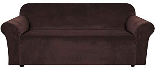 BellaHills Velvet Sofa Slipcover Stretch Large Couch Covers Soft Sofa Cover Furniture Protector with Non Slip Straps, Slipcover for Sofa, Couch Covers for Dogs, Couch Slipcover (3 Seater, Brown)