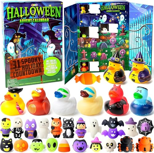 JOYIN Calendario de Adviento de Halloween de 31 días con juguetes sorpresa Mochi y patos de goma, calendario de cuenta regresiva de vacaciones de Halloween con juguetes sensoriales para fiestas