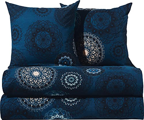 Erwin Müller Bettwäsche, Bettgarnitur Sparpaket 4-TLG. Flanell - Mandala - mollig warm, temperaturregulierend, mit praktischem Reißverschluss - dunkelblau Größe 80x80 cm / 155x220 cm