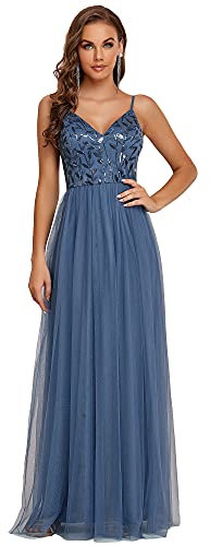 Ever-Pretty Damen Verstellbare Spaghetti-Träger V-Ausschnitt Empire-Taille Pailletten Tüll A-Linie Bodenlang Partykleider Staubiges Blau 42EU