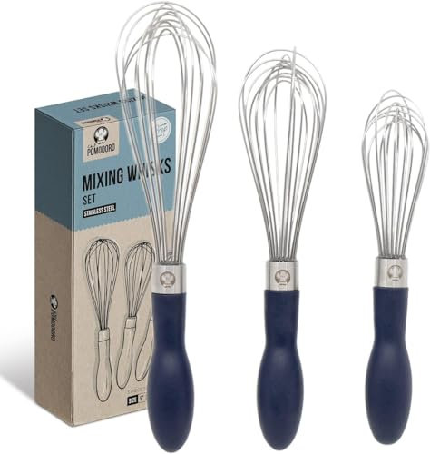Chef Pomodoro Fouet de Cuisine en Acier Inoxydable (Lot de 3) Ustensiles pour Remuer Mélanger la Pâte Monter des Blancs en neige Poignée Ergonomique Recettes Parfaites Chefs Amateurs et Professionnels