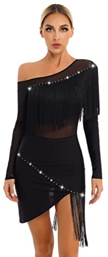 iiniim Vestido de Baile Latino con Flecos Borlas Mujer Vintage Vestido de Danza Rumba Tango Salsa Samba Manga Larga Traje de Baile de Salón A Negro M