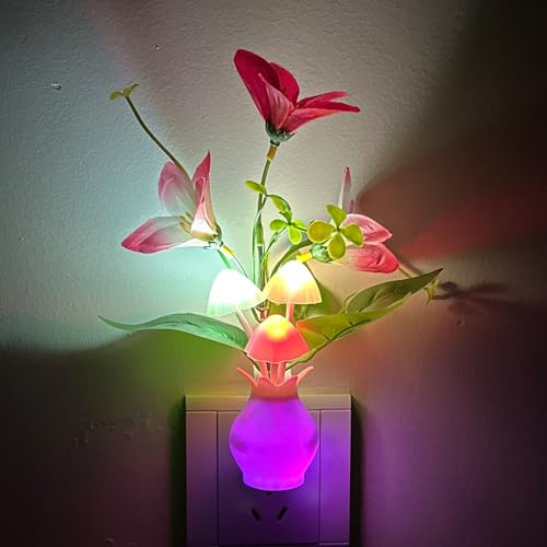 Luz nocturna enchufable con sensor de luz automático, luz nocturna LED RGB de hongo, lámpara de flores basada en pared, lámpara de flores de 1 W, luz nocturna de bajo consumo para habitación de niños