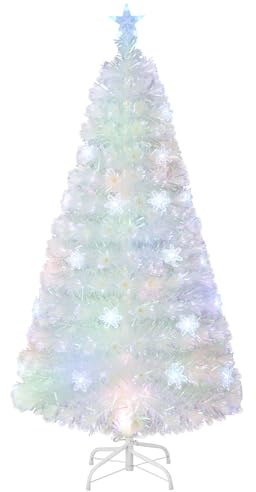 COSTWAY Albero di Natale Pre-illuminato in Fibra Ottica 120/150/180/210 cm, Albero di Natale Bianco con Foglie Iridescenti, Luci a LED a Fiocco di Neve Multicolore, Luce Superiore a Stella (150 CM)